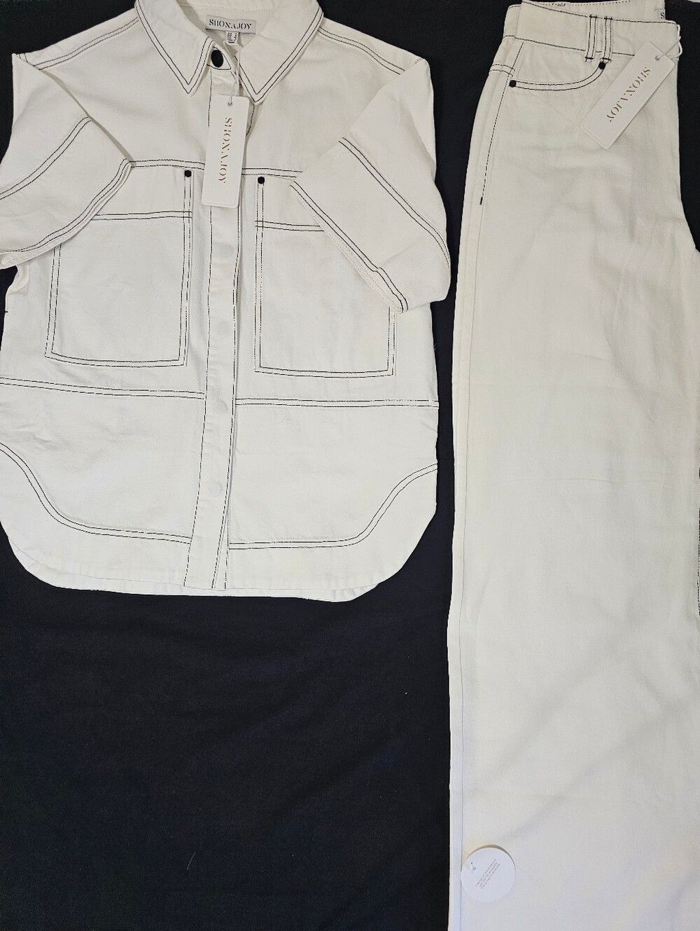 Shona Joy Hana Ivory Contrast Stitch Shirt & Straight Leg Jean Set NWT Size US 6